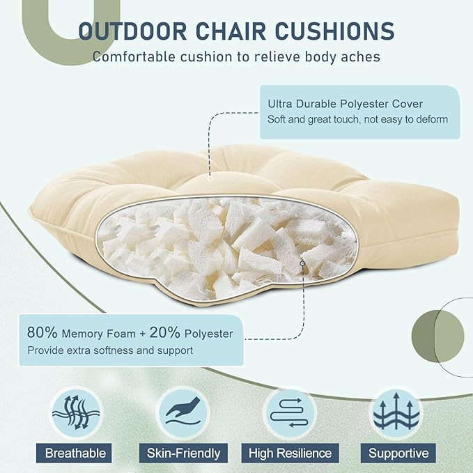downluxe Outdoor Chair Cushions Set of 2 for Patio Furniture, Waterproof Tufted Overstuffed Patio Furniture Cushions, Thick Outdoor Seat Cushion, 19" X 19" X 5", Beige