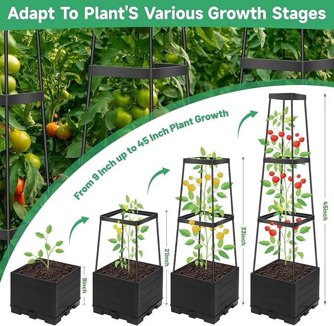 2 Packs Tomato Planter Pot with Raised Bed Trellis, 45" Tomato Cages for Climbing Vegetables, Self Watering Tomato Growing Container Planters Box for Indoor Outdoor Garden Bed Greenhouse