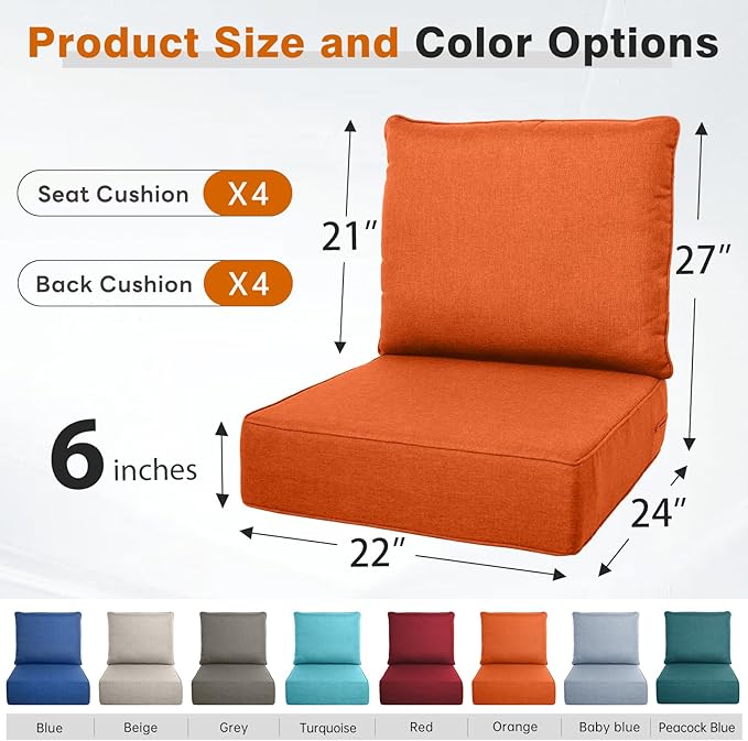 Belord Luxury 6" Thick Outdoor Cushion 4 Set - 22 x24 Inch 28D Sponge Filling Fade-Resistant Chair Cushion, Spill Proof Removable Patio Furniture Replacement Cushion for Sofa Bench Swing - Orange