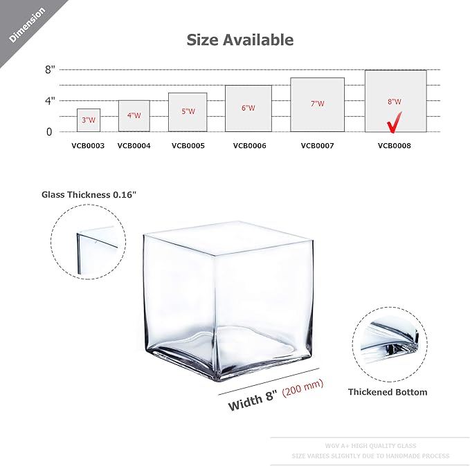 WGV Cube Glass Vase, Candle Holder, 8"x8"x8", Clear Elegant Floral Accent Container Planter Terrarium Storage for Wedding Party Ceremony Event Office Home Decor, 1 Piece