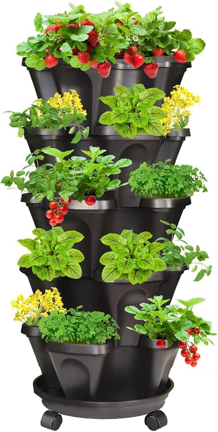 Strawberry Vertical Planter, Stacking Garden Tower, 5 Tiered Stackable Herb Vegetable Planters with Movable Casters and Bottom Saucer Indoor and Outdoor - Black