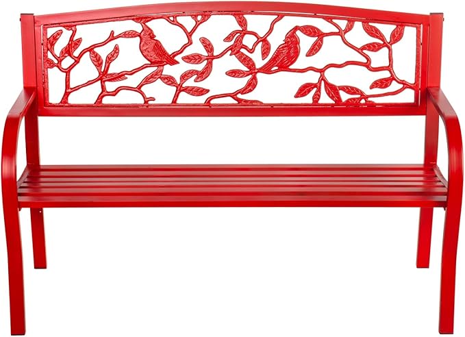 Evergreen Weatherproof Cardinal Outdoor Bench | Holds Up to 300 lbs | Furniture for Lawn Garden Patio Porch Park Deck | Steel | Red