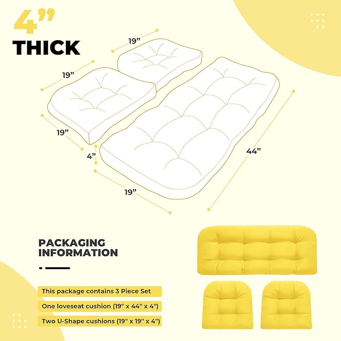 Wicker Chair Cushions, Waterproof Outdoor Loveseat Cushions for Patio Furniture, Tufted Wicker Furniture Cushions, 1 Loveseat and 2 U-Shaped Cushions, Yellow