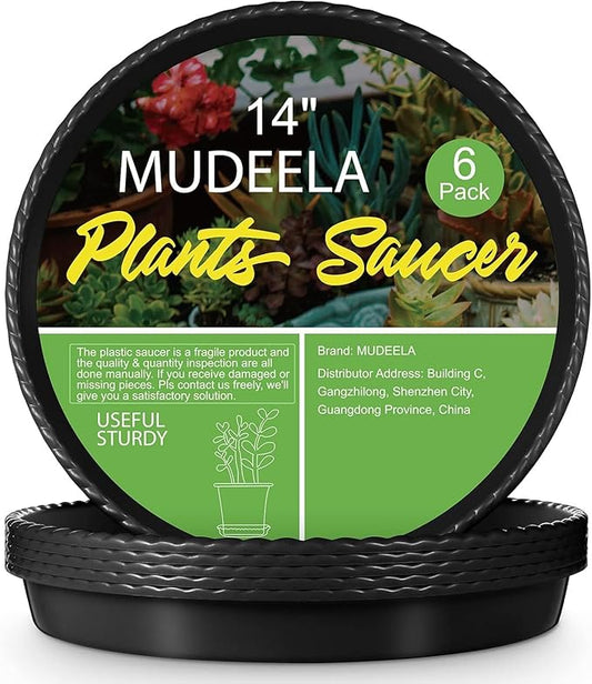 MUDEELA 6 Pack of 14 Inches Plant Saucers for Indoor, Durable Plastic Round Plant Tray Plant Dish Pant Plate to Catch Water for Flower and Plant Pot, Thicker, Stronger, Deeper, Black
