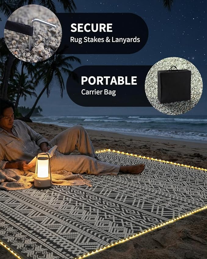 MontVoo-Outdoor Rug Carpet 8x10 ft for Patio RV Camping with Led Strip Lights Waterproof Plastic Straw Rug Reversible Portable Outside Indoor Outdoor Rug Mat for Patio Decor Balcony Picnic-Boho Rug
