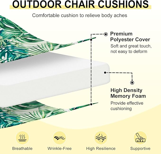 downluxe Outdoor Chair Cushions Set of 4 for Patio Furniture, Water-Resistant Square Corner Patio Chair Cushions with Ties, High Density Foam Outdoor Seat Cushion, 18.5" X 16" X 3", Palm Leaves