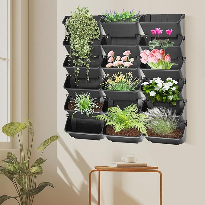 Eapmic Vertical Wall Planter with 18 Pots, Hanging Garden Plant Flowerpot Holder, Stackable Wall-Mounted Planter, Balcony Planters for Flowers Vegetables Fruits (Black, 18 Pots)