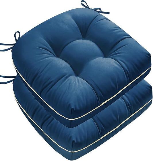 Outdoor Chair Cushions Set of 2, Outdoor Cushions for Patio Furniture and Wicker Chair, Memory Foam Patio Seat Cushion Pads with Ties, 19 x 19 Inch (Blue)