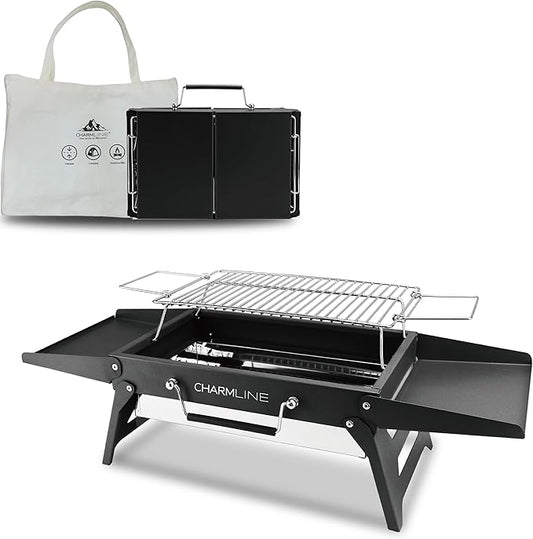 Charmline 14x9inch Foldable Portable Grill Charcoal, Compact Portable Grill for Outdoor Use, Desktop Charcoal Grill, BBQ Grills for Camping, Picnics, Gardens and Beach Parties, Black