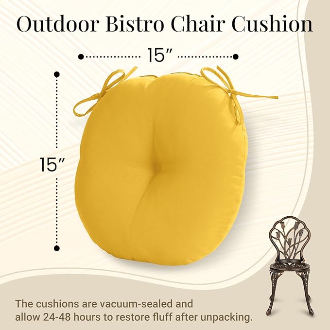 downluxe Bistro Chair Cushions for Patio Furniture, Water-Resistant Round Outdoor Chair Cushions Set of 2 with Non-Slip Ties, 15" x 15", Yellow