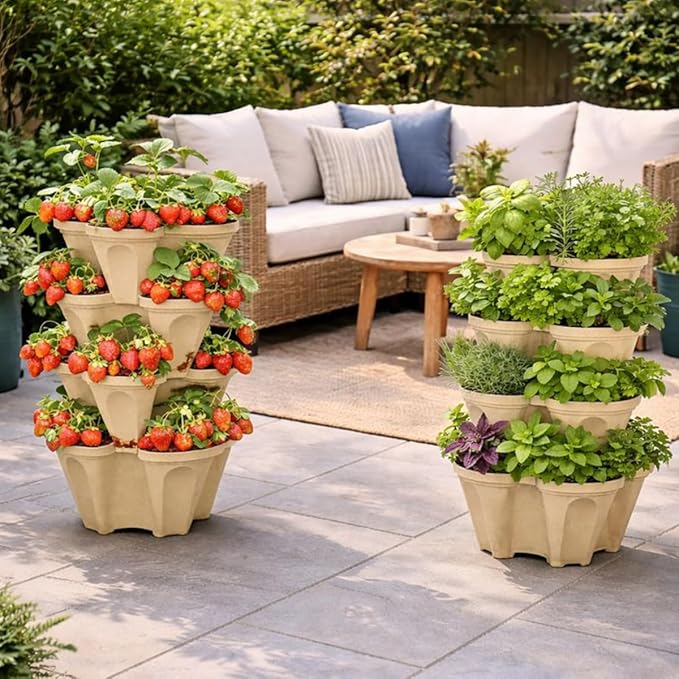 Vertical Garden Planter 4 Tier Stackable System 16 Plants, Space Saving Herb, Strawberry & Food Crop Planter with Center Support Hole for Indoor Outdoor Gardening (4, Desert Sand, Small)