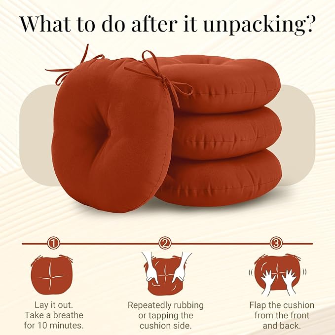 downluxe Bistro Chair Cushions for Patio Furniture, Water-Resistant Round Outdoor Chair Cushions Set of 4 with Non-Slip Ties, 15" x 15", Brick Red