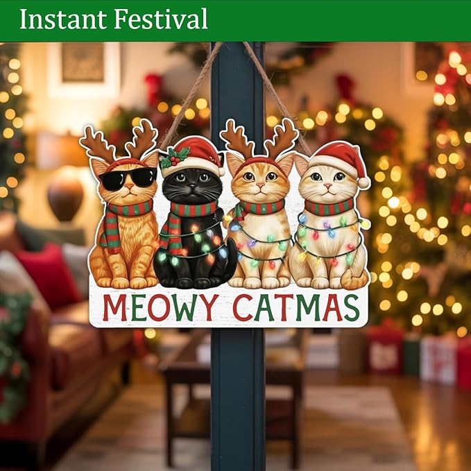 Christmas Cat Gifts Door Hanger for Cat Lover, Meowy Catmas Door Decoration Sign