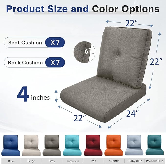 Belord Luxury 4" Thick Outdoor Cushion 7 Set - 22 x24 Inch 28D Sponge Filling Fade-Resistant Chair Cushion, Spill Proof Removable Patio Furniture Replacement Cushions for Sofa Bench Swing - Grey