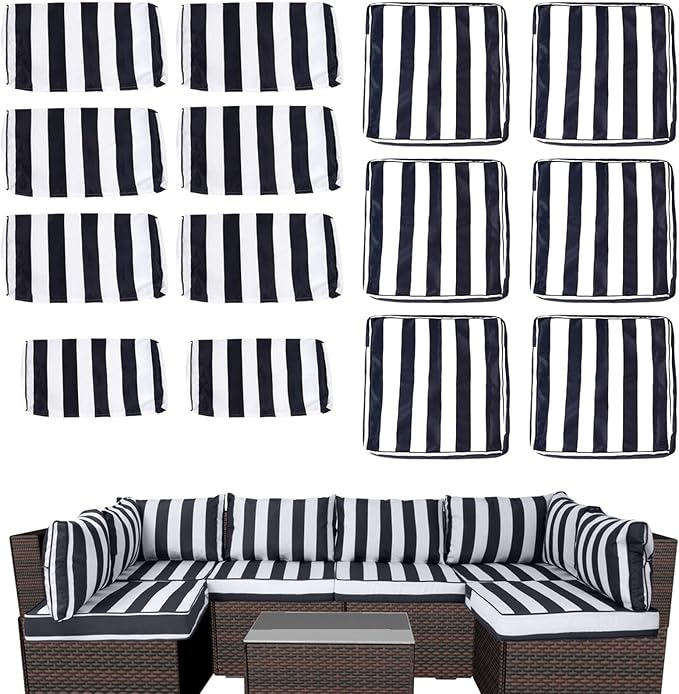 Outdoor Cushion Covers for Patio Furniture, Patio Cushion Covers Replacement with Zipper, Waterproof & Fade Resistant,Only Cover (Black and White Stripes, 25.6Lx25.6Wx4H - Only Covers)