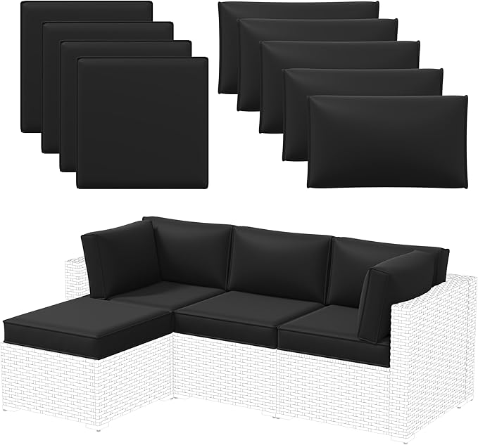 Aoxun Outdoor Replacement Cushions for Patio Furniture, 4'' Water-Repellent Sofa Cushion for 4-Seat Rattan Wicker Sectional, Deep Seats & Fade Resistant (9-Piece, Black)