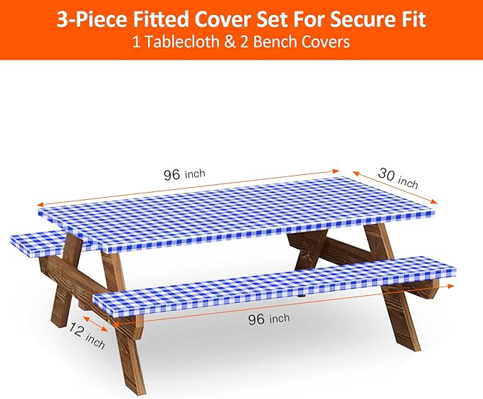 KENOBEE 8ft Picnic Table and Bench Cover, Camping Essentials RV Gear, 96 in Waterproof Windproof Outdoor Elastic All Around Tablecloth, Fitted Rectangle Tables and Seats, Blue-White Checkered