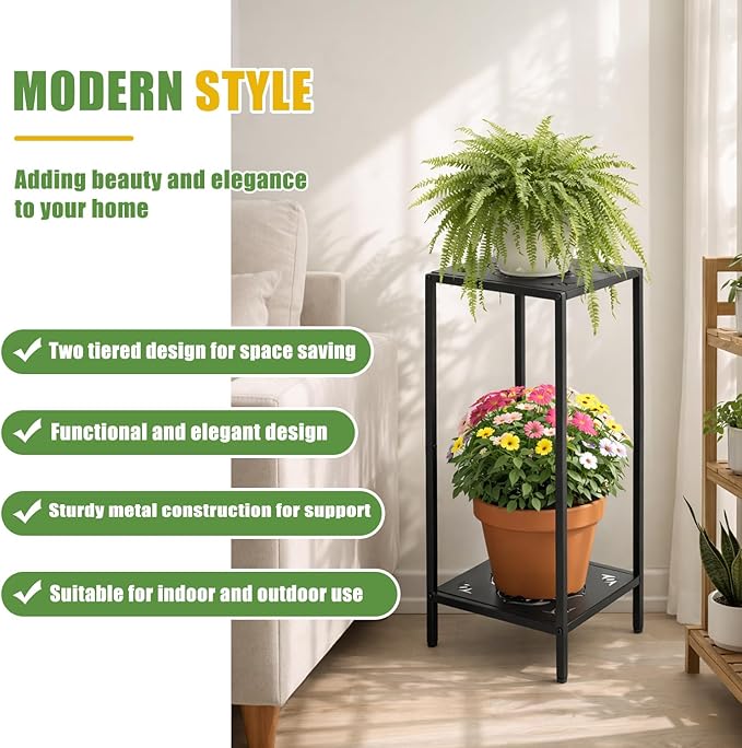 Party Zealot 2-Tier Tall Metal Square Plant Stand Heavy-Duty Modern Flower Pot Rack for Indoor Living Room, Corner Side Table for Outdoor Patio, Garden, and Balcony Black, 12" D x 31" H