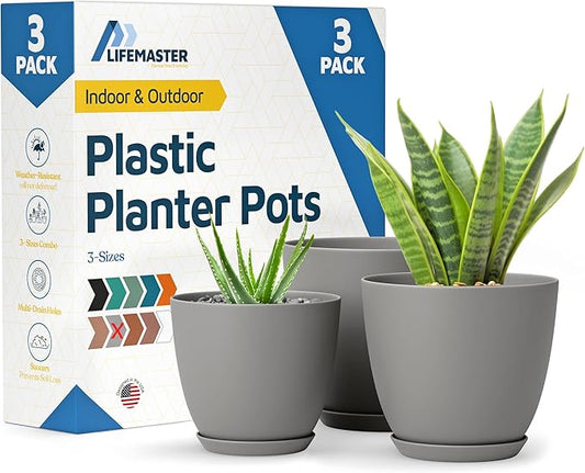 Gray Plant Pots with Drainage Holes & Saucers 3 Pack, Indoor & Outdoor Stackable Space-Saving Planters for Houseplants & Flowers, (7", 6.7", and 6" Inches), Durable & Weatherproof Materials