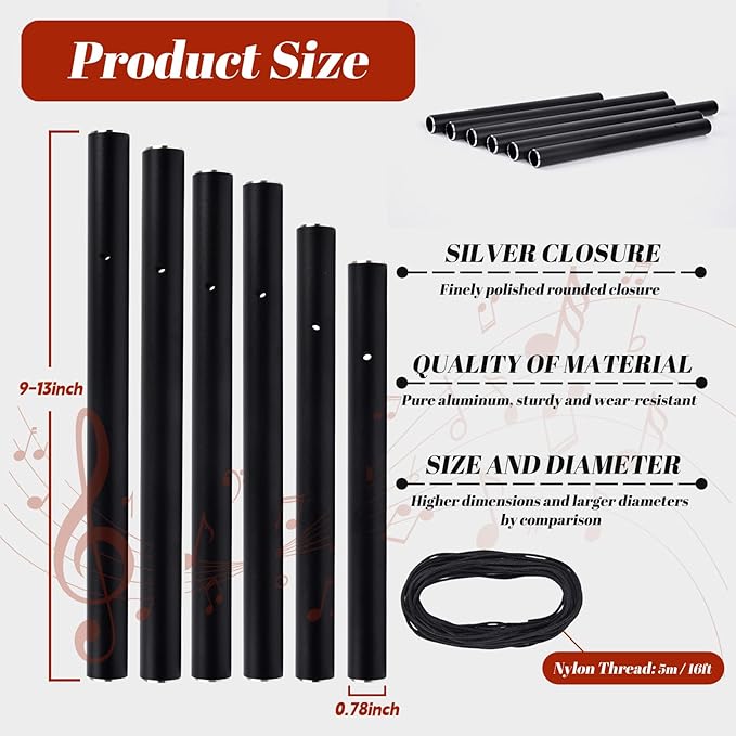 9''-13'' Large Aluminum Wind Chime Tubes, 0.78'' Dia., 1.2mm Wall, with 16ft Nylon Cord, Superior Sound, Wind Chime Parts Replacement, DIY Crafts for Garden, Patio, Home Decor, Gifts(Black)