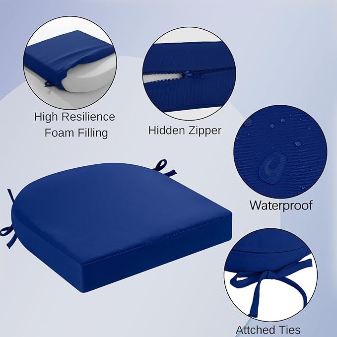 idee-home Outdoor Chair Cushions Set of 4, Thick 17" x 17" x 2" Outdoor Seat Cushions Patio Furniture Waterproof with Ties, Dining Pads