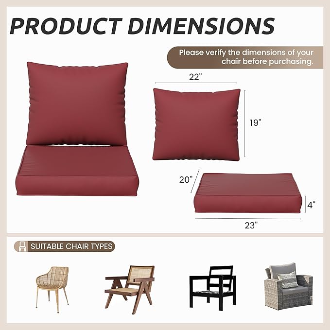 Amopatio Outdoor Chair Cushions 22.5"× 20.3" × 4", Set of 4 with Removable Cover, Waterproof & Fade Resistant seat Cushions for Patio Furniture, Burgundy