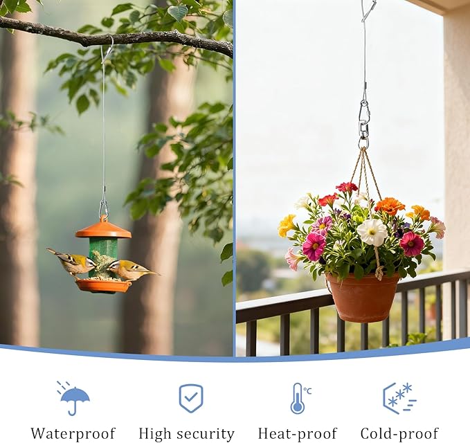 4 Pcs Hanging Steel Cables with Carabiner Hooks 12" 18" 24" 36"- Adjustable Hanging Chain Cable Rope Bird Feeder Hanger for Bird Feeders, Planters, Lanterns & Outdoor Christmas Tree Decorations