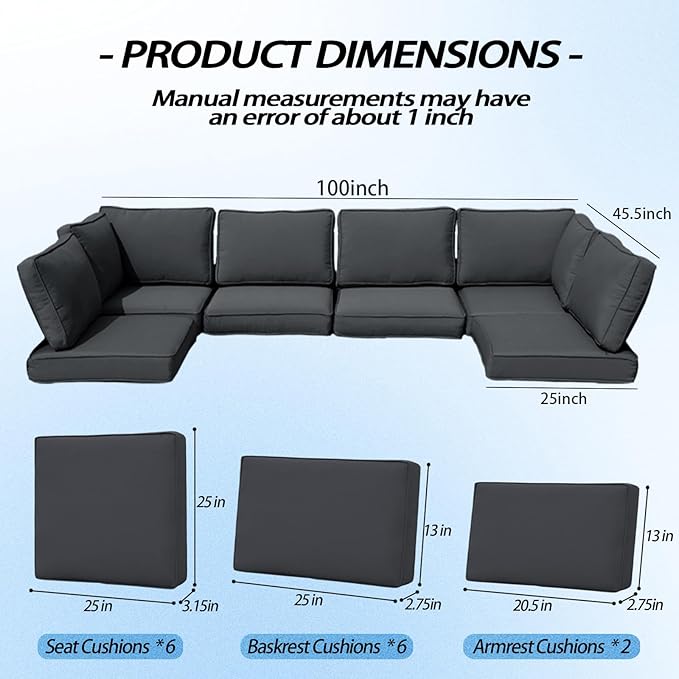 Patio Furniture Cushions,14Pieces Water-Resistant Outdoor Replacement Cushions,Sectional Sofa Cushions for Fits 6-Seats Rattan Wicker Patio Conversation Sets(Dark Grey)