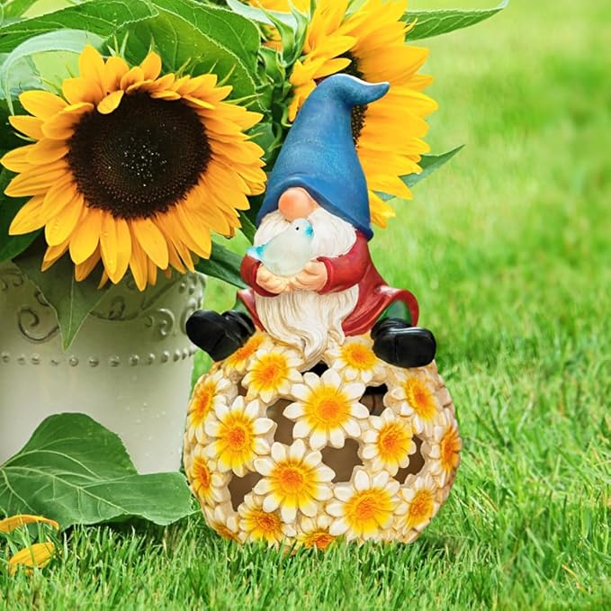 Solar Garden Gnome Outdoor Decoration Patio Porch Lawn Gnome Statue with LED Lights Christmas Gardening Birthday Ideal Gifts for Women Mom, Blue Gnome