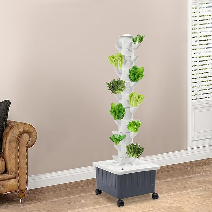 50-Holes Hydroponic Tower Growing System Indoor, Garden Vertical Planter Germination Kit with Pump, Hydroponics Growing Tower, Smart Vertical Hydroponic Garden Tower w/Movable Grey Water Tank, IP68