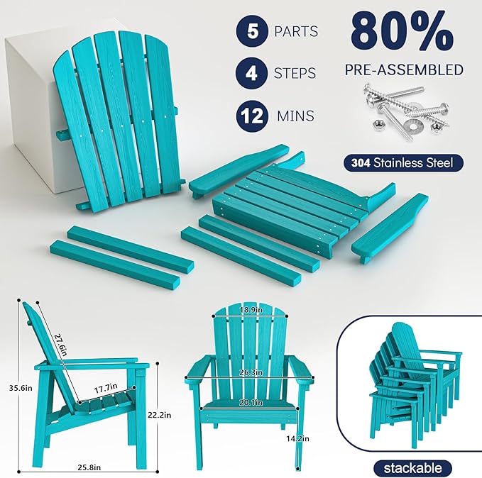 nevilywood Compact Stackable Adirondack Chairs, 26.3" Wide HDPE Outdoor Patio Chairs - Durable, Space-Saving Design for Porch, Lawn or Garden, Aruba