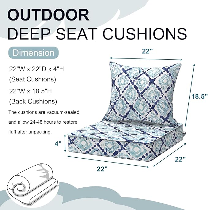 Outdoor Deep Seat Cushion Set, Water Repellent 22"x22" Patio Thick Cushions Replacement with Seat & Back Pillow for Patio Sofa, Wicker Chair, Couch - Boho Geometry Blue