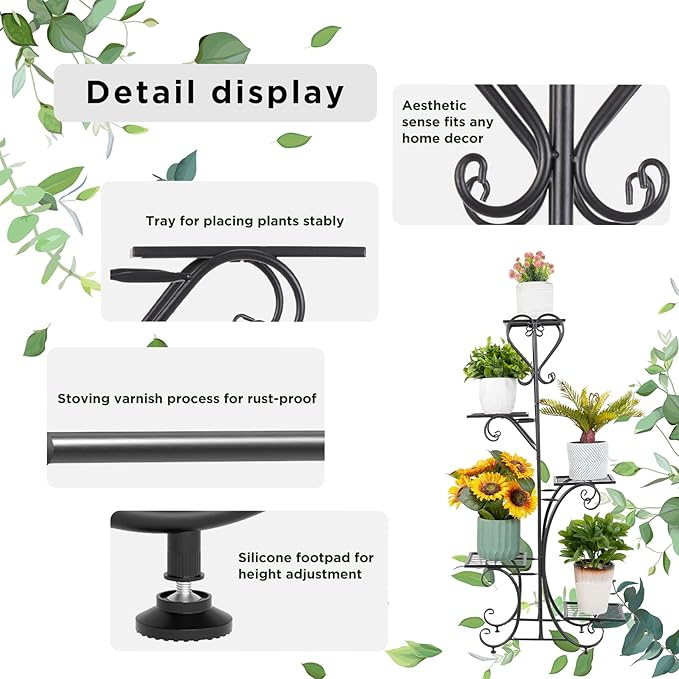 unho Tall Metal Plant Stand: 5 Tiered Flower Pot Rack with Square Shelves Indoor Display Storage Holder for Patio Garden Balcony Livingroom Decor (Black)