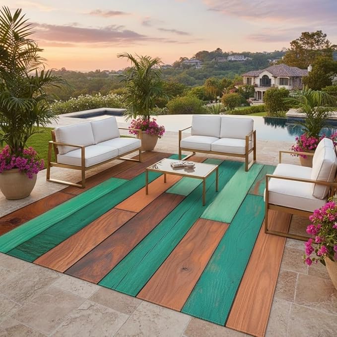 Green Orange Brown Wooden Board 7x9 Farmhouse Outdoor Area Rug for Porch Balcony Garden Camping Deck Pool Lightweight Non Shedding Waterproof Outside Carpet Machine Washable Foldable Floor Mat