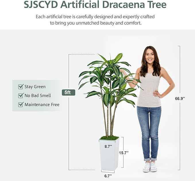 Dracaena Artificial Plants Indoor, 5FT Tall Faux Tree with White Tall Planter, Fake Yucca Tree Floor Plant, Artificial Trees for Home Office Living Room Garden Decor Outdoor, Housewarming Gift