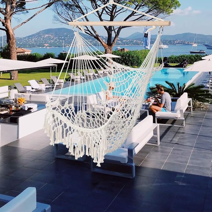 Hammock Chair Hanging Rope Swing, Hammock Net Air/Sky Chair Deluxe Cotton Rope Sling w/Tassel for Beach, Yard, Patio, Porch, Garden, Outdoor Space (Beige)