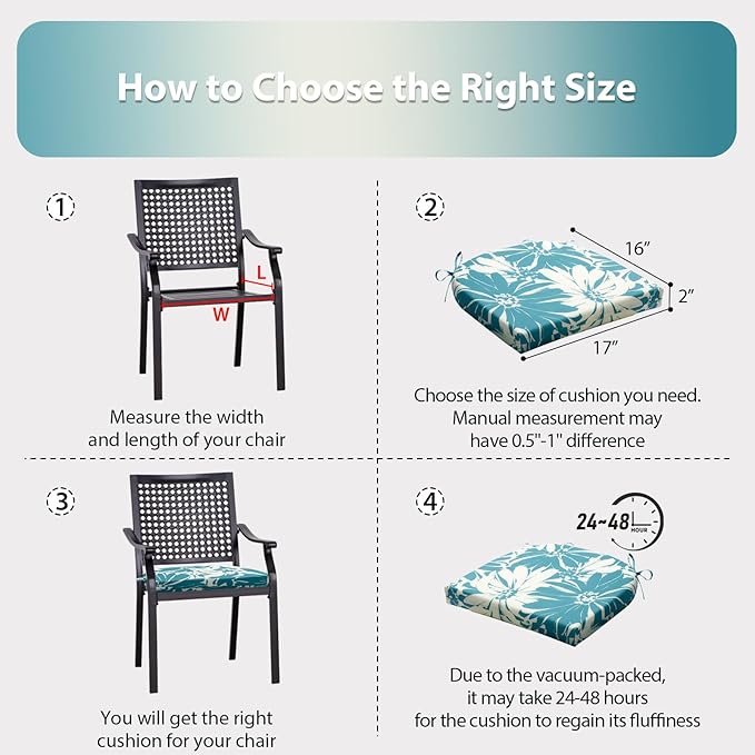 Outdoor Chair Cushions Set of 4, 17x16x2 Inch, Daisy Pattern, Water Resistant, Non-Slip, Firm, Classic Style, Outdoor Lounging