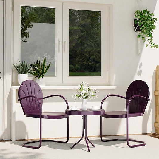 Patio Bistro Set Retro Metal Outdoor Seating Conversation 3 Pieces, 2 C-Spring Motion Armchairs and Round Side Table, for Porch, Lawn, Garden, Purple