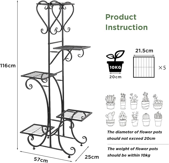 unho Tall Metal Plant Stand: 5 Tiered Flower Pot Rack with Square Shelves Indoor Display Storage Holder for Patio Garden Balcony Livingroom Decor (Black)