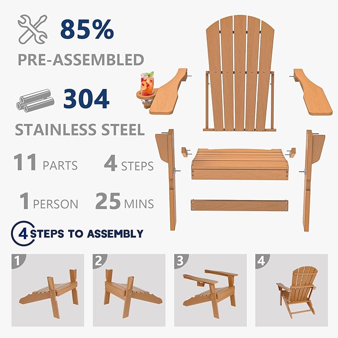 Plawdlik Folding Adirondack Chair, SGS Tested, Wooden Textured with Cup Holder, Heavy All-Weather HDPE Comfortable Set Poolside Backyard Lawn Teak