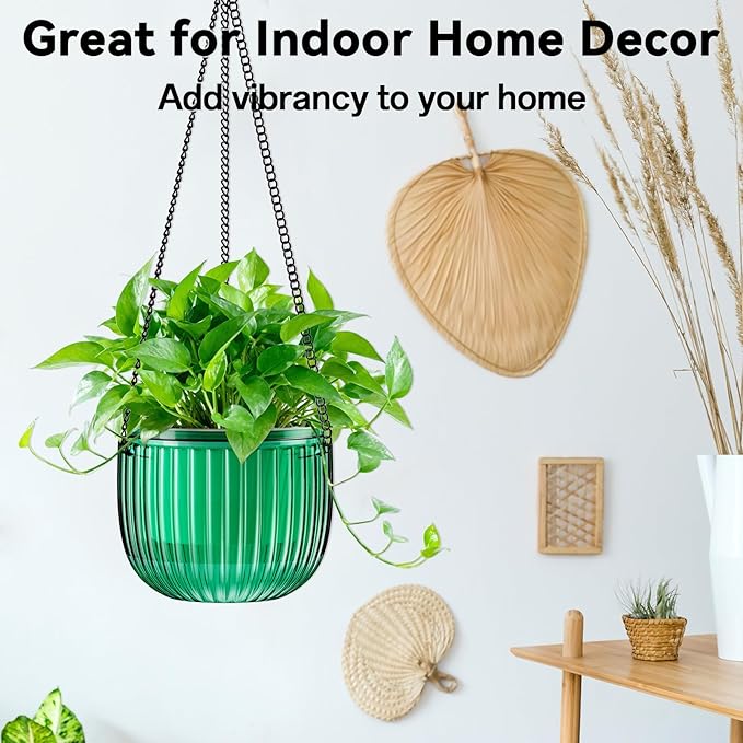 Halatool 2 Pack 6.5 Inch Self-Watering Hanging Planters for Plants, Indoor Hanging Flower Pots for Garden Home Wall Decor, Green