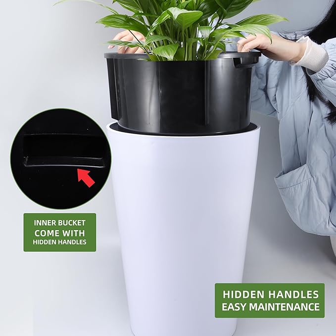 Dexceder 16x12 Tall Self Watering Planter High Cylinder Indoor Outdoor, Thickened Large Floor Standing Flower Plant Pot with Water Level Indicator (White Matte)