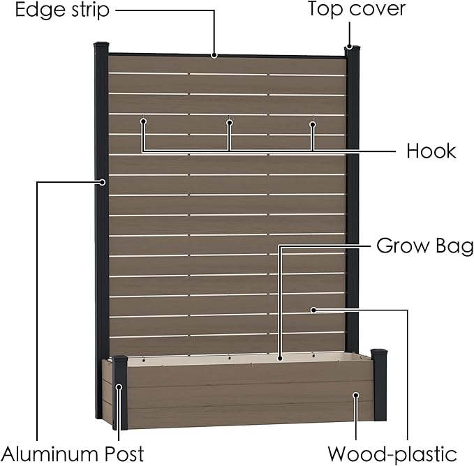 Kozyard Privacy Screen with Planter, 70" H x 51" W Outdoor Garden Screen, Waterproof Aluminum Frame with Thick Wood-Plastic Boards, Decorative Privacy Screen for Patio, Balcony & Backyard Beige