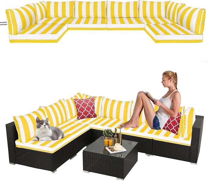 14 Pieces Outdoor Sectional Replacement Cushions for Patio Furniture, 4in Thick Outdoor Sofa Cushions for 6 Seat, Waterproof Deep Seat Couch Patio Cushions Set (Bright Yellow and White)