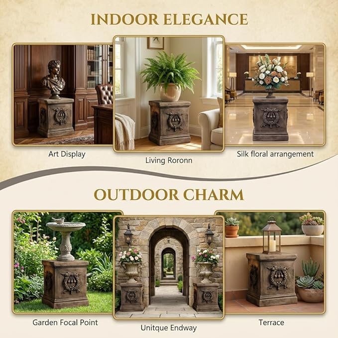 17 Inch Sculptural Garden Plinth Base Statue, Embossed Design Durable and Sturdy Resin Fiber Base,Antique Stone Finish