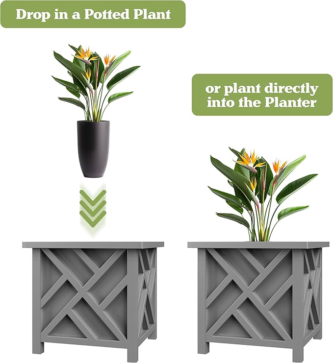 Lattice Design Outdoor Planter Box - 15.5” Square 16.5” Tall Gray Plant Pot - Decorative Plant Pots for Front Porch Decor - Flower Pots Outdoor Planters for Porch Patio or Garden Decor by Pure Garden