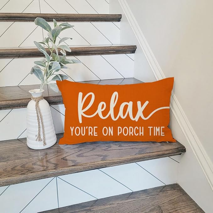 PANDICORN Decorative Throw Pillow Covers 12x20 Inch Relax Porch Time Orange Outdoor Farmhouse Spring Fall Decorations Cozy Lumbar Decorative Cushion Case for Sofa Couch Patio Front Porch Decor