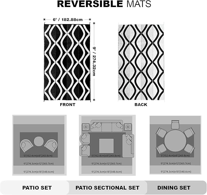 wikiwiki 6x9ft Outdoor Rug, Reversible Plastic Patio Rug Waterproof, Indoor Outdoor Carpet Clearance, Large Area Carpet for Patio Deck Balcony Pool RV Camping Beach Picnic, Black & White