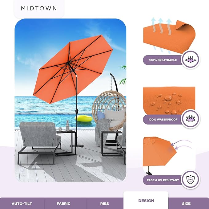 Midtown Umbrellas - 10-Year-No-Fade 6 Ft Patio Umbrella with Terylast Fabric, Auto-Tilt Aluminum Frame and 8 Reinforced Ribs for Deck, Pool, Garden & Beach - Tangerine Canopy, Black Pole