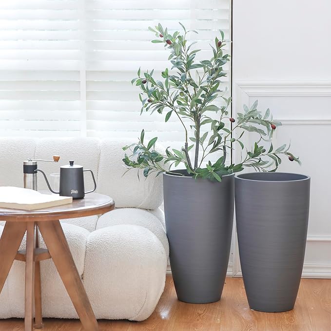 Outdoor Planters For Porch With Drainage Hole&Movable Insert Shelf Large Planters For Decorative Gray Wooden Grain Matte Finish For All House Plants Small Trees No Fading Planter 21Inch Tall Planter
